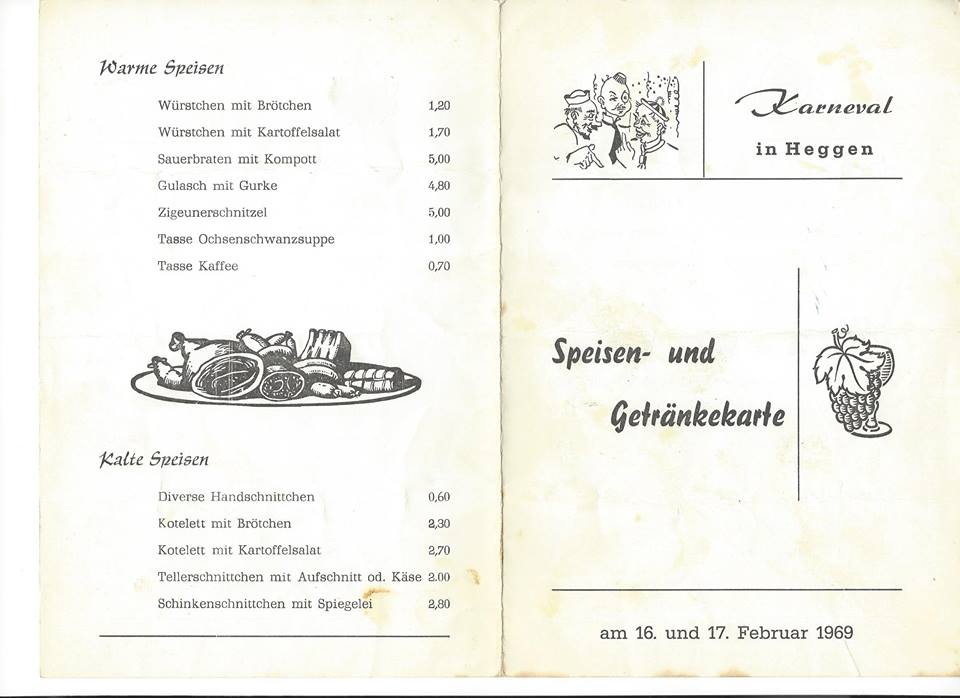 Speise und Getränkekarte Karneval 1969